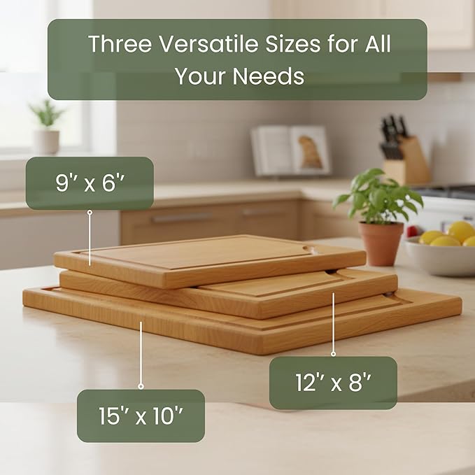 3-Piece Wooden Cutting Board Set with Juice Grooves, Acacia Wood Chopping Boards for Kitchen Prep and Charcuterie Serving, Eco Friendly Multi Size Cutting Boards with Built-in Handles (Natural)