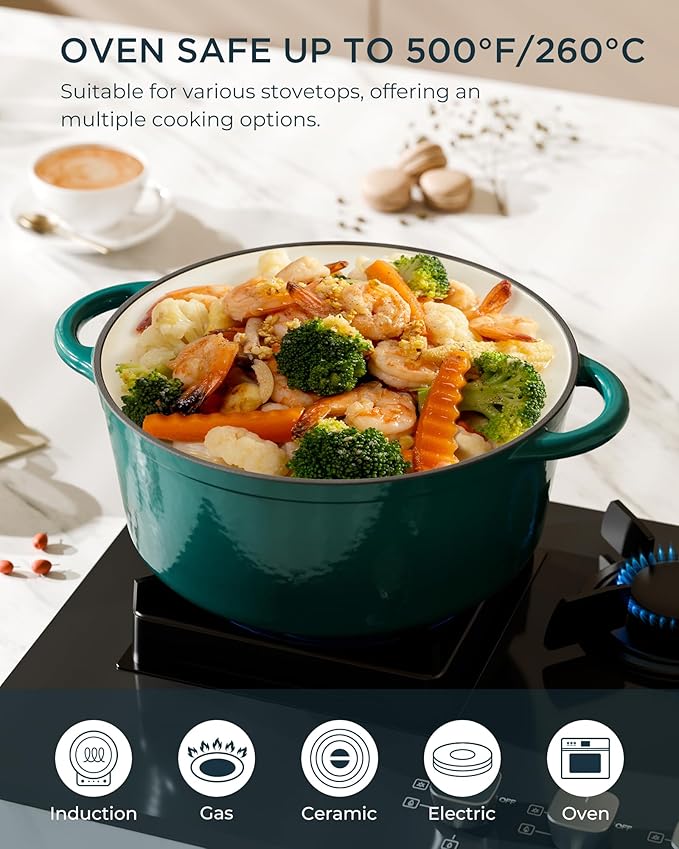 Enameled Cast Iron Dutch Oven - 6QT Pot with Lid & Cotton Potholders - Heavy-Duty Cookware for Braising, Stews, Roasting, Bread Baking, Oven Safe up to 500°F & Across All Stovetops, Bottle Green