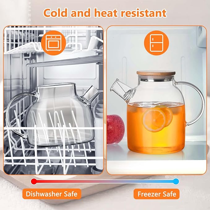 Glass Tea Pot Kettles Stovetop Safe, 60.8oz/1800mL Heatproof Borosilicate Glass Teapot Water Pitcher With Bamboo Lid and Removable Filter Spout for Loose Leaf and Blooming Tea
