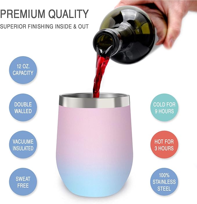 CHILLOUT LIFE 12 oz Stainless Steel Wine Tumbler with Lid - Double Wall Vacuum Insulated Wine Cup Glass Keeping Cold & Hot for Coffee, Champagne, Cocktails, Ice Cream - Powder Coated Pink/Teal