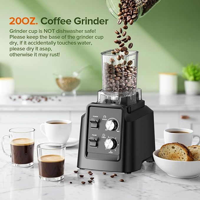 Blender, Blender for Smoothies with 68Oz. Pitcher and 20Oz. Grinder, 28000 RPM Countertop Blenders for Kitchen, Ice Crushing, Frozen Fruits, Timing Setting, Speed Adjustable, Black
