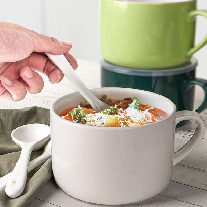 Soup Bowls with Handles & Spoons, 30oz Ceramic Ramen Bowl with Lid, Large Soup Mugs/Cups for Instant Noodle, Big Cereal Bowls for Oatmeal, Soup Containers with Lids, Set of 2, White