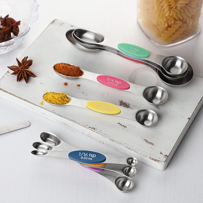 Magnetic Measuring Spoons Set of 9 Dual Sided Stainless Steel Measuring Spoons Stackable Nesting Tablespoon Teaspoon, Fits in Spice Jars, for Dry or Liquid Ingredients