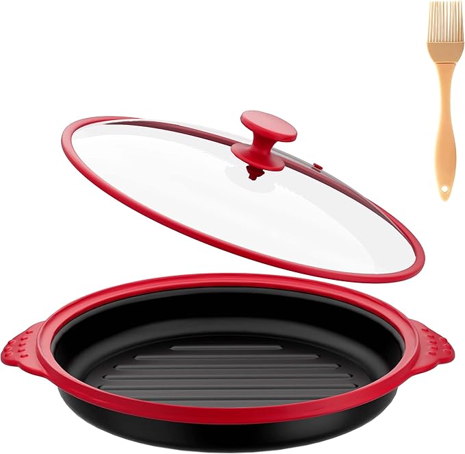 Microwave Grill Pan with Glass Lid, Microwave Griller & Crisper Pan for Grilling, Frying, Browning and Crisping, Multi-Purpose Microwave Cookware for Grill Meat, Sandwich & Vegetable