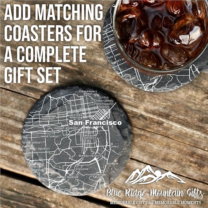 Blue Ridge Mountain Gifts - San Francisco Souvenir - California Glassware Gift, Etched City Map, Laser Engraved and Dishwasher Safe
