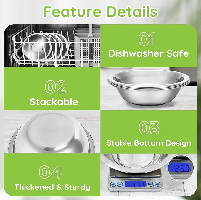 304(18/8) Stainless Steel Mixing Bowls for Kitchen, 6 Pack 7" 21.22 fl.oz Metal Mixing Bowls Set Stackable for Baking Serving Cooking Food Prep Storage Dishwasher Safe Heavy Duty