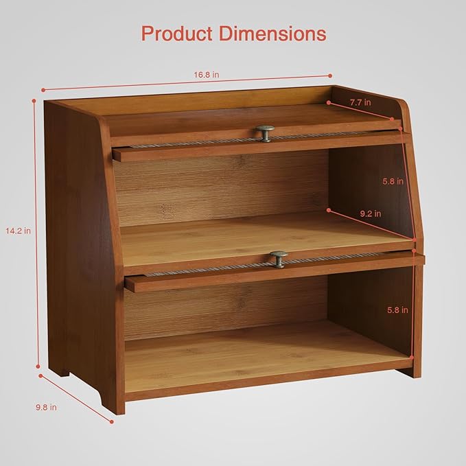Walnut Brown Roll Top Bread Box for Kitchen Countertop, 2 Tier Large Bread Storage Container for Homemade Bread, 2 Door Wooden Breadbox Holder Keeper for Sourdough Loaf Storage (Bamboo Wood)