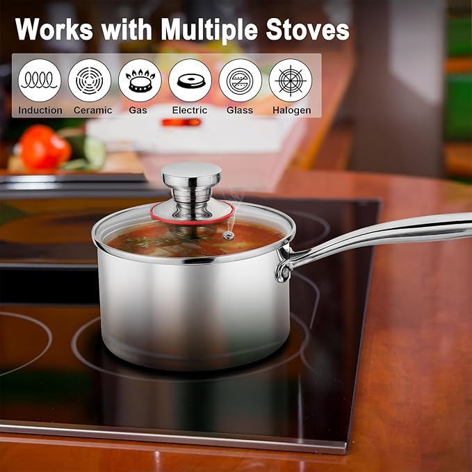 P&P CHEF 1 & 2 Quarts Tri-Ply Stockpot and Saucepan, Stainless Steel Sauce Pan with Lid, Cooking Induction Pot, Kitchen Cookware for All Stoves, Non-Toxic, Durable & Dishwasher Safe, 2 Pieces