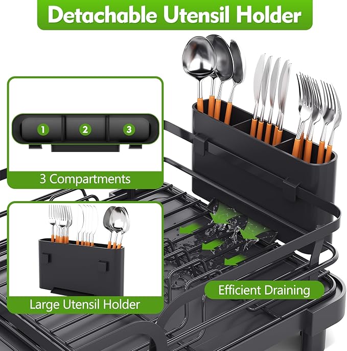 TOOLF Expandable Dish Rack, Dish Drying Rack for Kitchen Counter, Foldable Dish Dryer Rack, Stainless Steel Dish Drainer Racks with Cutlery Holder, Collapsible Dish Drying Racks Standard Size,Black