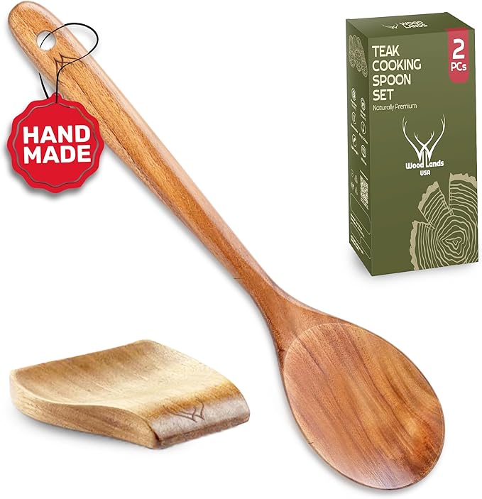 12" Long Handle Teak Wooden Spoon for Cooking with Large Teak Spoon Rest - Premium Wooden Spoons For Cooking - Wooden Kitchen Utensil Set, Essential Wood Utensil Set for Kitchen & Perfect for Gifts