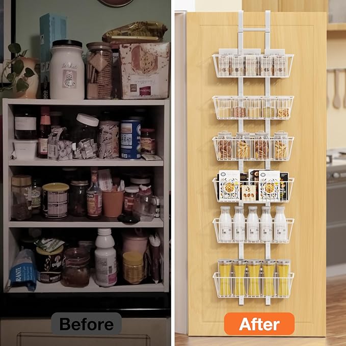 6 Tier Over the Door Pantry Organizer, Over the Door Spice Rack with Adjustable Baskets, Metal Hanging Door Pantry Organizers and Storage for Kitchen Bathroom Bedroom, White