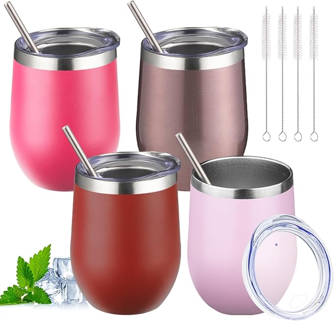 12oz Stemless Wine Tumbler with Lid Double Wall Insulated Wine Cup Stainless Steel Glasses Tumbler with Straw Insulated cocktail Tumbler Coffee Mug for Hot and Cold Beverages (Multicolor-2,4Pack)