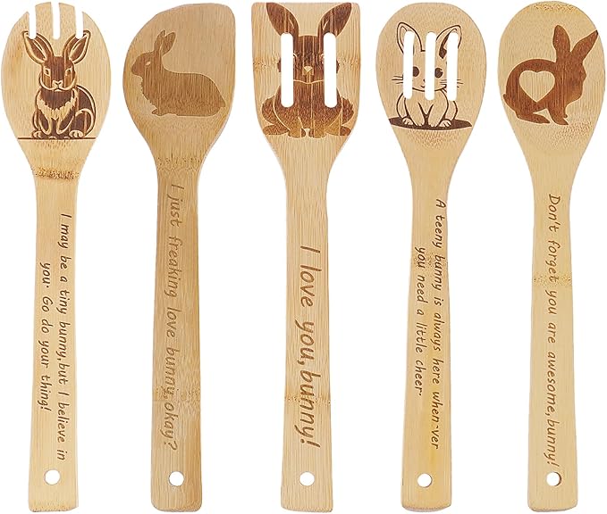 5PCS Rabbit Wooden Cooking Spoons Kitchen Decor Rabbit Gifts for Women Men Rabbit Lovers Birthday Gifts Party Favors Housewarming Wedding Bamboo Cooking Spoons for Everyday Use