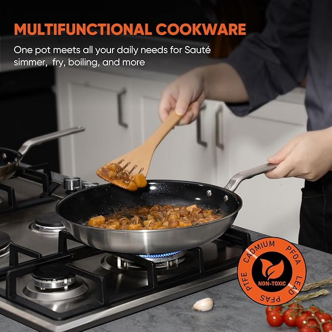 8 Inch Ceramic Non Stick Frying Pans - 5 Ply Stainless Clad Nonstick Skillet, Professional Cookware for Induction, All Stoves and Oven