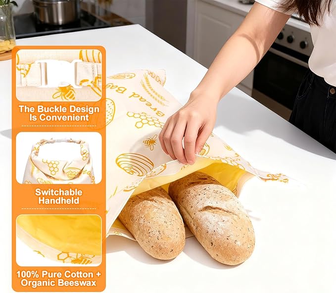 Bees Wax Bread Bags for Homemade Sourdough - 2 Pack XL Reusable 100% Organic Cotton Linen Bread Bags Keep Bread Fresh for Weeks, Homesteading Essentials Sourdough Bags