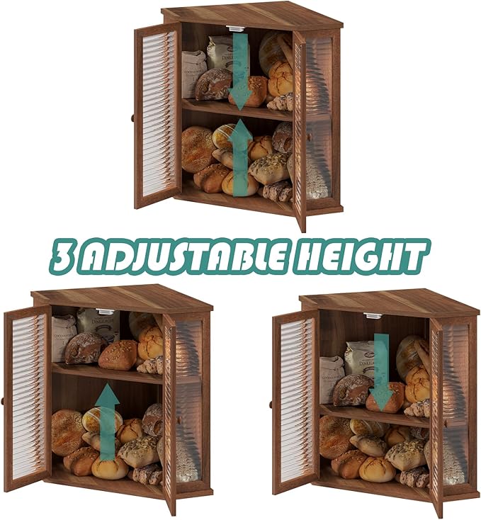 Extra Large Acacia Wood Corner Bread Box for Kitchen Countertop, 16.5 Inch Wooden Breadbox with Glass Wavy Door, Durable Grain Finish, Farmhouse Style Design