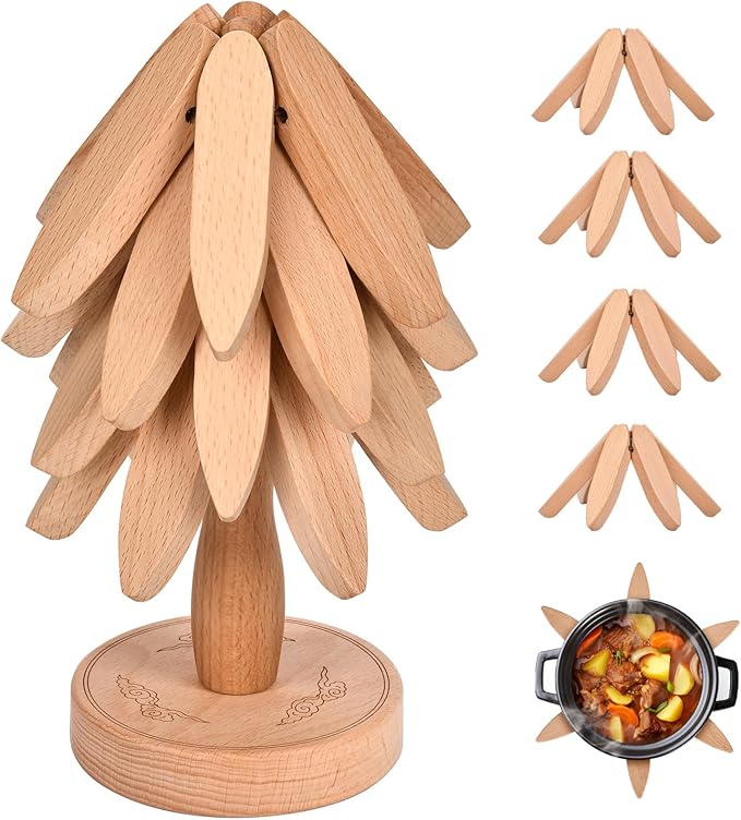 Trivets for Hot Dishes，Tree Shape Trivet Set,5 Wooden Trivets + 1 Stand， Heat-Resistant Foldable Wooden Tree Trivet Set for Pot、Bowl、Teapot、Hot Pot Holder