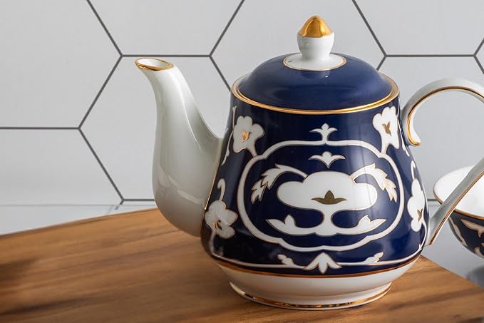 Blue and White Tea Pot - 28 oz. Bone China Teapot with White Vintage Design - Elegant Tea Serving Pot for Kitchen and Gift for Women, Men, Adults and Tea Lovers (Teapot)
