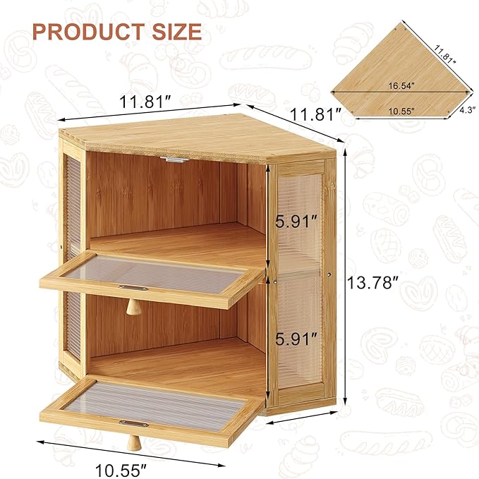 WOWLIVE Corner Bread Box for Kitchen Countertop, Double Layer Bamboo Bread Storage Container, Large Farmhouse Bread box with Acrylic Wavy Door Panel, Under Cabinet Organizer (Natural, Medium)