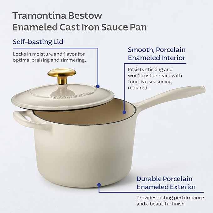 Tramontina Bestow Enameled Cast Iron Sauce Pan with Lid, 2.5-quart, Latte with Gold Knob
