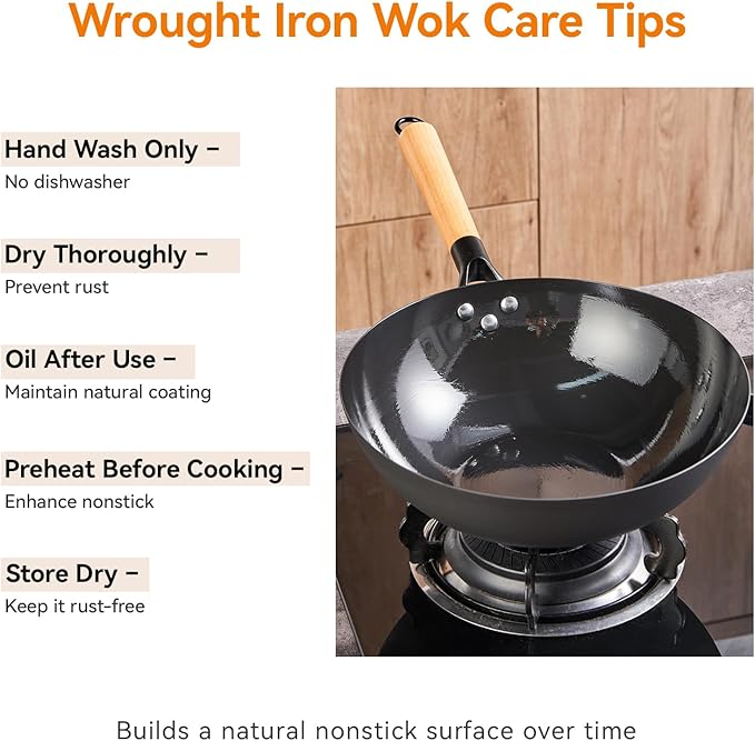 11.8 Inch Pure Iron Wok, Flat Bottom Stir Fry Pan with Wooden Handle & Lid, Uncoated Real High-Purity Iron Wok for Family Meals, Compatible with Gas, Electric & Induction Cooktops