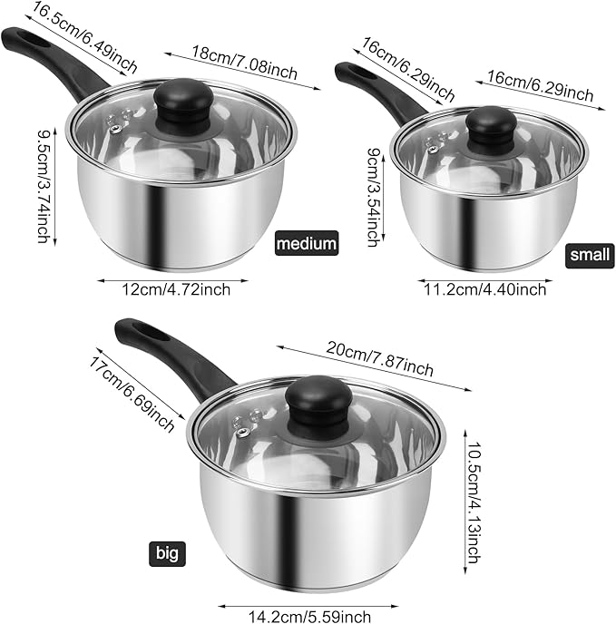 Stainless Steel Pot Set with Lid 6pcs,Sauce Pans 1QT & 2QT & 3QT Set,Triply Bottom Stainless Steel Pot Set