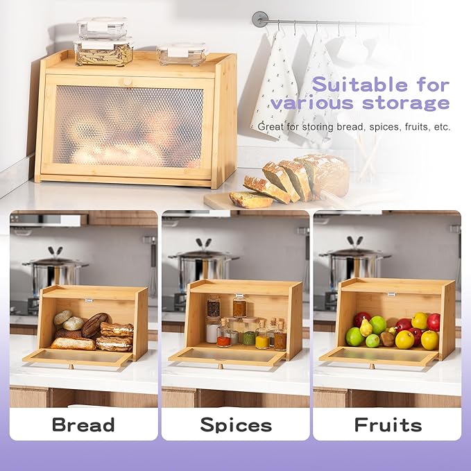 Large Farmhouse Bread Box with Window - Natural Wood Bread Storage Container for Kitchen Countertop