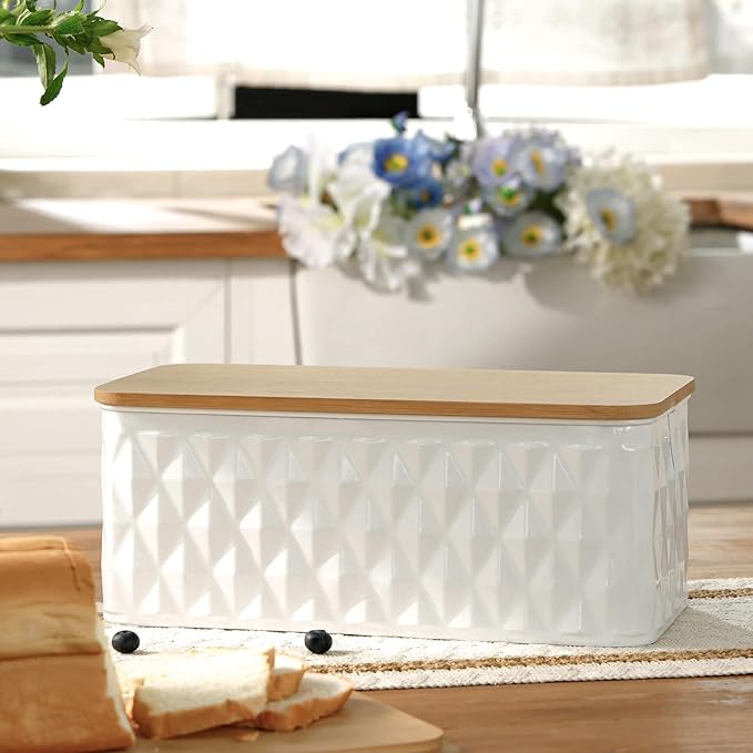 Large Bread Box for Kitchen Countertop Corner Breadbox for Homemade Bread Metal White Diamond Pattern Embossed Bread Storage Container Bin with Bamboo Lid