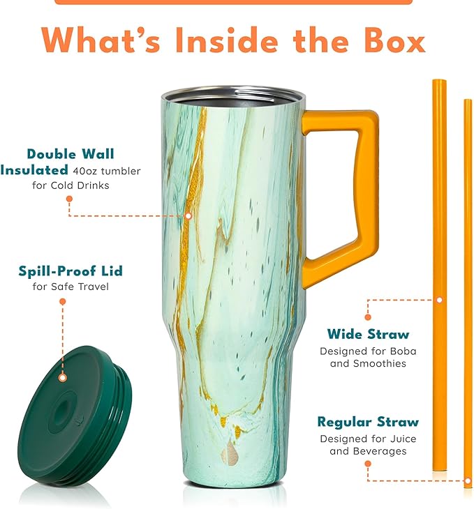 Elemental 40 oz Tumbler with Handle and Straw - Spill Proof Insulated Stainless Steel Commuter for Hot and Cold Beverages - Travel Coffee Mug with 2 Straws & Spill Proof Lid - 40oz - Aurora Glow