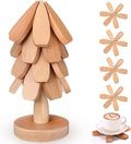 Wooden Christmas Tree Coaster Trivets Wood Trivets Set for Hot Dishes Set of 4 Christmas Tree Shape Foldable Wooden Coaster and 1 Stand Natural Trivet for Cups Plates Bowls Pots(Beech Color)