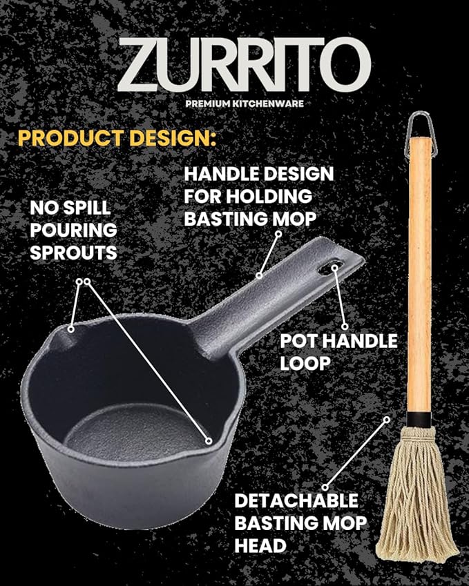 2x Cast Iron Sauce Pan Set - 2x 15oz Basting Pot with 18" BBQ Mop Brushes, Cast Iron Small Sauce Pots for Grilling, Melting, Camping Cooking & Stoves Butter Melter