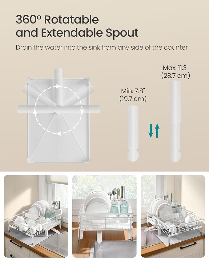 SONGMICS Dish Drying Rack, Kitchen Dish Rack, with Drainboard, 360° Rotatable and Extendable Spout, with Cutlery Holder, 12.2-22 x 16.5 x 7.9 Inches, Matte White and Dove Gray UKCS552W01