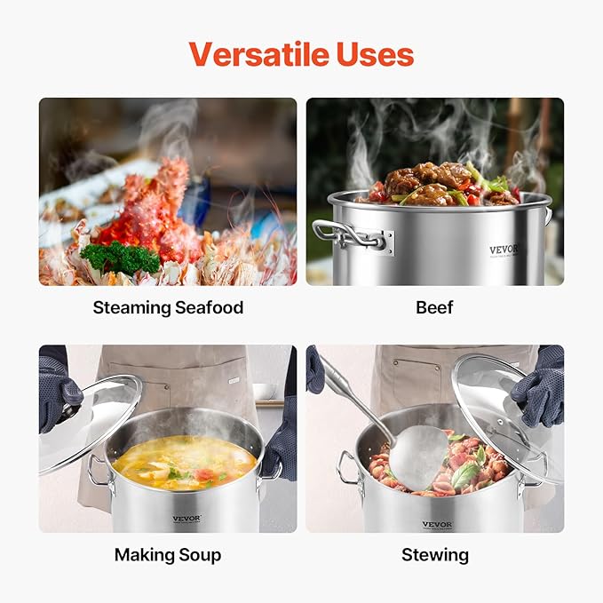 VEVOR Stainless Steel Stockpot, 24 Quart Cooking Pots, Cookware Sauce Pot with Lid, and Handle, Heavy Duty Commercial Grade Stock Pot, Sanding Treatment, for Steaming Boiling or Frying Silver