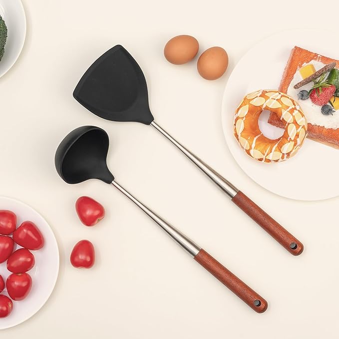 FJNATINH Silicone Spatula Ladle Set - BPA Free Stainless Steel Non Stick Heat-Resistant Kitchen Tools Cooking Utensils Cookware with Wooden Handle, 2 Pcs