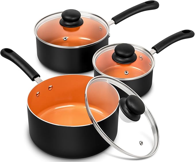 MICHELANGELO Nonstick Sauce Pan with Lid 1QT, 2QT & 3QT, Ceramic Saucepan Set, Copper Sauce pans, Non-Toxic Saucepan, Multipurpose Cooking Pots Set For Home Kitchen, Compatible induction
