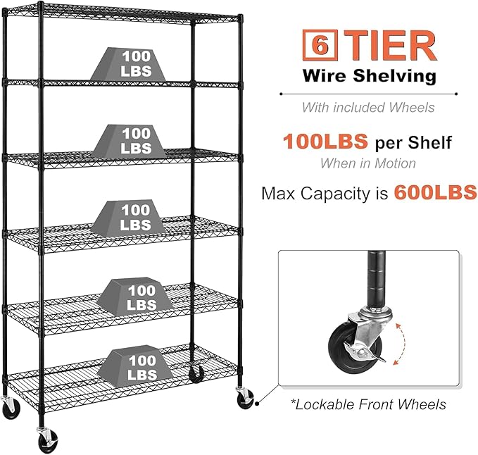 6-Shelf Storage Shelves Wire Shelving Unit with Wheels, 6000lbs Heavy Duty Metal Garage Shelving Storage Rack Adjustable NSF Shelf for Commercial Rolling Utility，(48"x18"x76", Black)
