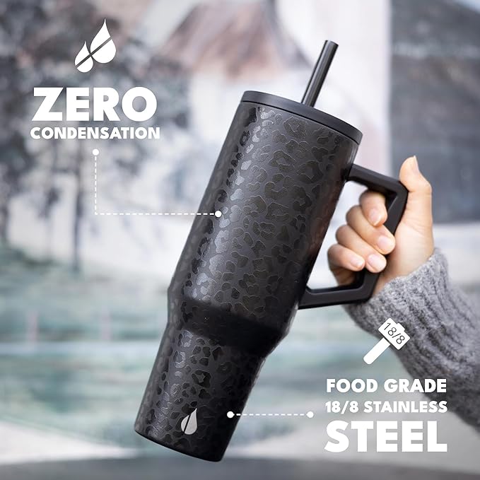 Elemental 40 oz Tumbler with Handle and Straw - Spill Proof Insulated Stainless Steel Commuter for Hot and Cold Beverages - Travel Coffee Mug with 2 Straws & Spill Proof Lid - 40oz - Black Leopard