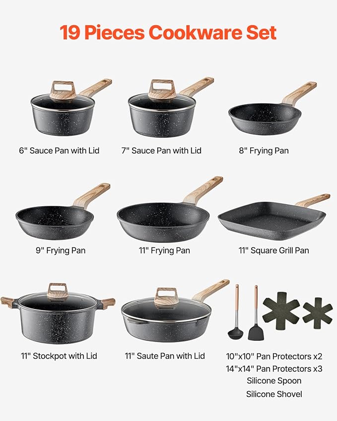 VEVOR 19 Piece Pots and Pans Set, Granite Nonstick Cookware Set, Induction Cookwares, Kitchen RV Cooking Sets with Frying, Sauce, Saute, Tempered Glass Lids, and Pan Protectors, Black