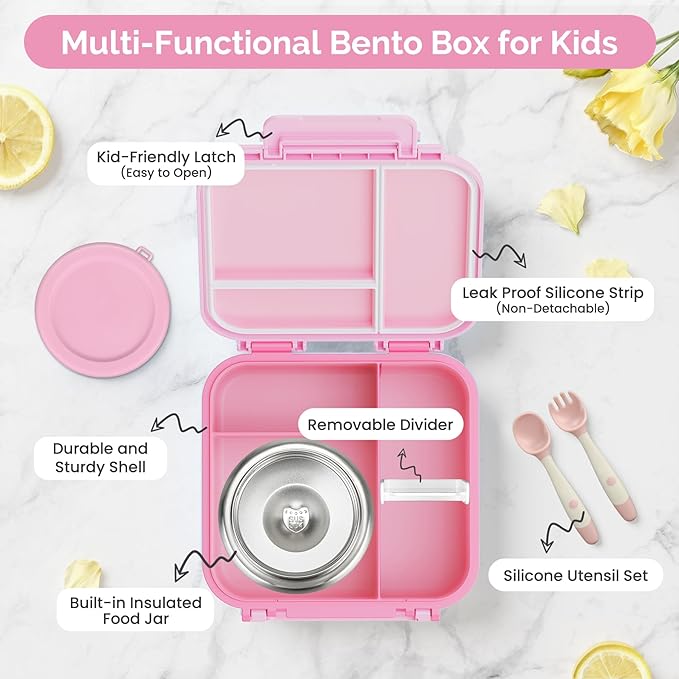 Kids Lunch Box Set with Bento Box, 9oz Stainless Steel Thermos & Insulated Lunch Bag – Hot & Cold Leakproof Lunch Container with Utensils for School & Travel, Pink Set