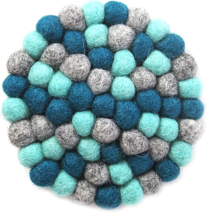 Global Crafts Hand Crafted Felt Ball Wool Trivet Mat from Nepal, 8" Round Pad Chakra, Light Blues