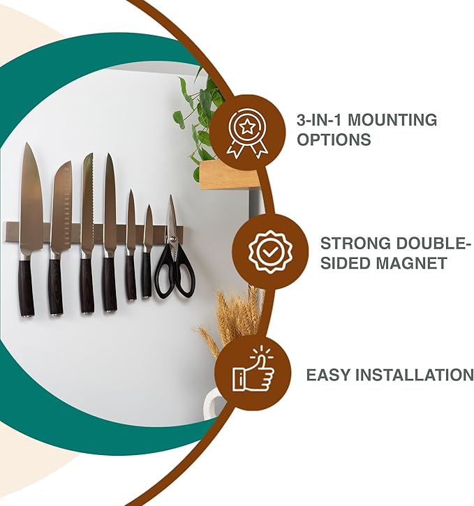 Magnetic Knife Holder 16 Inch Silver – Classic Stainless Steel Strip, Rack & Bar for Wall or Fridge, No Drill Adhesive Kitchen Organizer, Premium Gift by Pampavanna