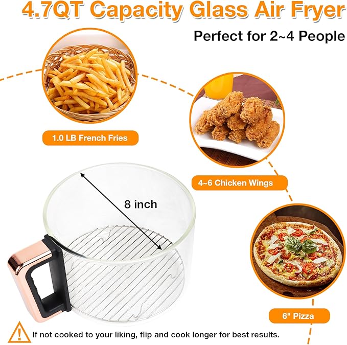 4.7QT Glass Air Fryer, 360° Viewable Glass Air Fryer Non Toxic, 6-IN-1 Preset Cook Modes, Digital Display, Adjustable Temp 100F - 400F, Nonstick, Dishwasher Safe, White
