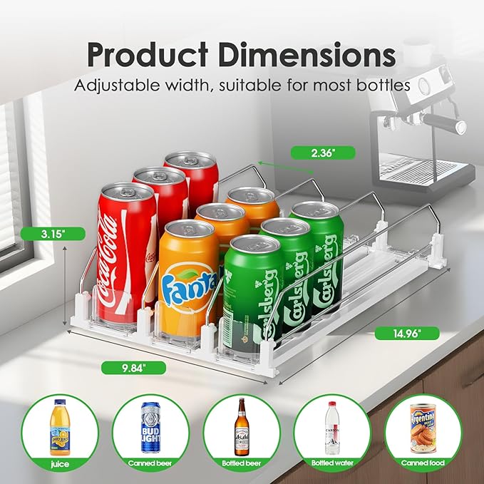 HIYOHIYO 3 Row Auto-Push Drink Organizer for Fridge, Automatic Pushing Can Dispenser for Supermarket Shelf Storage, Self Push Beverage Rack for Commercial Refrigerator, Adjustable Width (Depth 15")