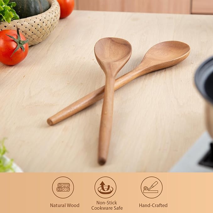 GinSent 2PCS Wooden Spoons for Cooking,14-INCH Wooden Spoons Cooking Comfort Grip Wooden Cooking Spoons Wood Spoon Cooking Kitchen Utensils for Stirring Serving,Non-Stick Cookware Safe