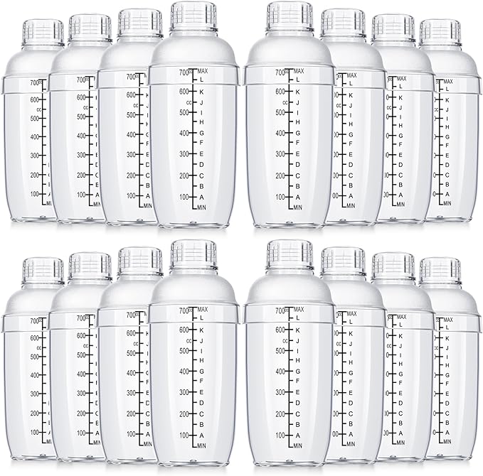 Lallisa 16 Pcs Plastic Cocktail Shaker Set Drink Mixer Clear Shaker Cup with Measurements Scales and Strainer Plastic Mixing Tool for Tea Coffee Bar Bubble Milk Christmas Gift(700 Cc/ 24 oz)