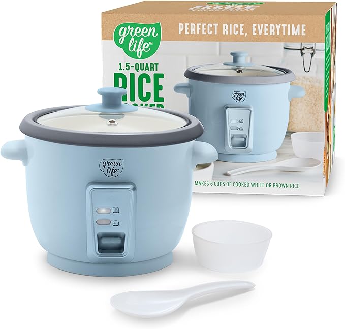 GreenLife Rice Cooker with Removable PFAS-Free Nonstick Pot, 3-Cups Uncooked/6-Cups Cooked, One-Switch Design, Auto Keep Warm Function, Soup, Grains, Oatmeal, Wood Handle, Blue