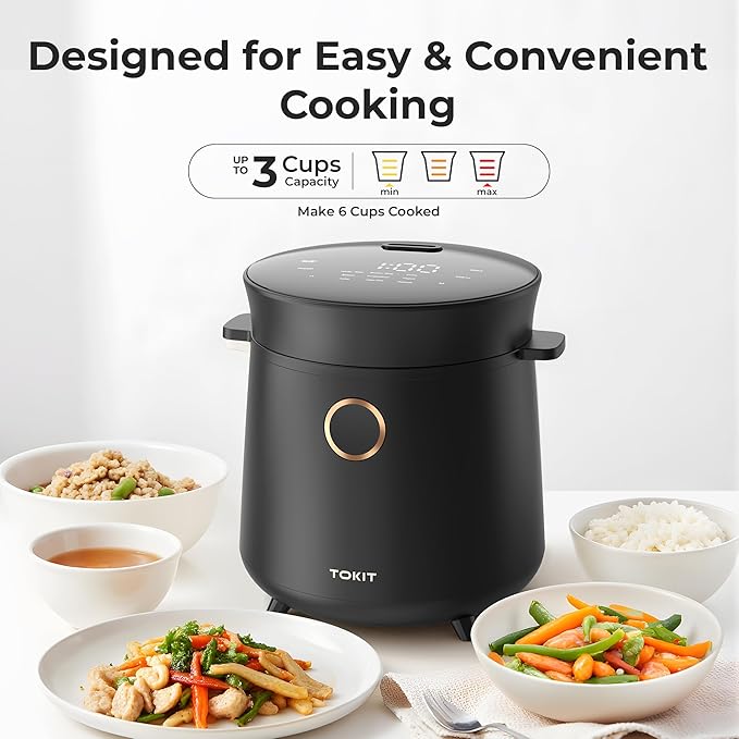 TOKIT Rice Cooker 3 Cup Uncooked/6 Cup Cooked, Nonstick Inner Pot Ceramic Rice Cooker Small,24H Timer Delay & Keep Warm, Portable 9 Preset Functions for Brown Rice, Steam, Soup, Black