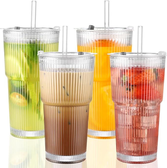 20 oz Glass Cups with Lid and Straw 4 Set, Glass Tumbler with Straw and Lid, Vintage Glassware for Whiskey Cocktail Beer, Iced Coffee Cups with Lid (4 PACK)