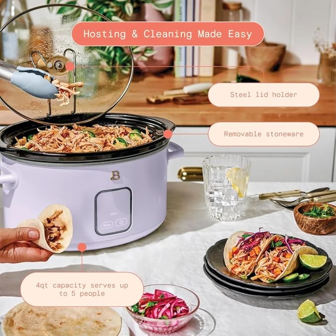 Beautiful 4-Quart Slow Cooker with Touch-Activated Display, Programmable Digital Controls, Removable Non-Stick Pot, Keep Warm Function, by Drew Barrymore (Lavender)