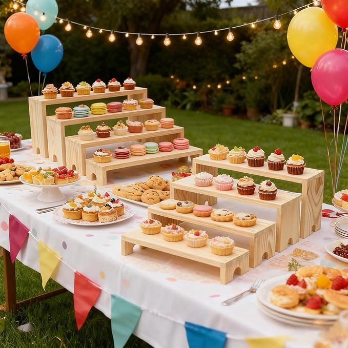 Wooden Display Stand Wood Tiered Racks, 2 Set 8 Piece Wood Display Shelf for Cupcake,Jewelry,Card, Vendor Events, Table Shelves Wooden Riser Organizer Dessert Showcase-Natural